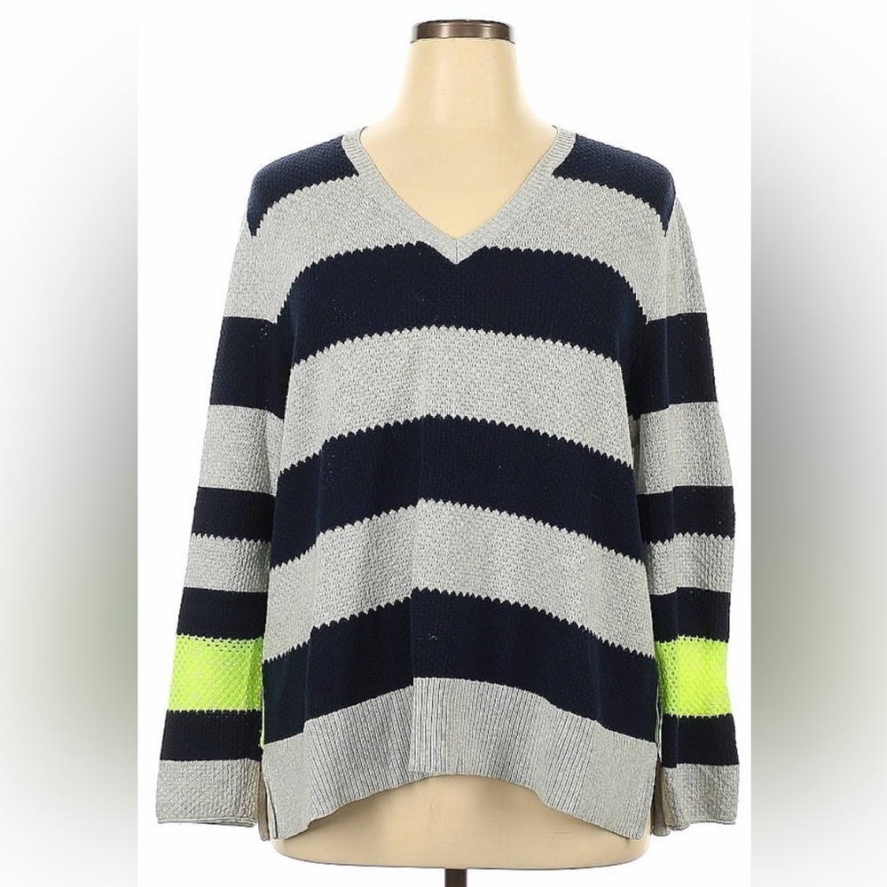 Lisa Todd Womens XL Striped Cotton V-Neck‎ Sweater Navy Grey Neon Yellow Accent